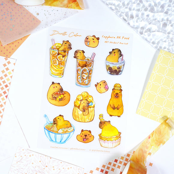 A6 PET Sticker Sheet - Capybara HK Food | A6防水PET白墨貼紙 - Capybara HK Food