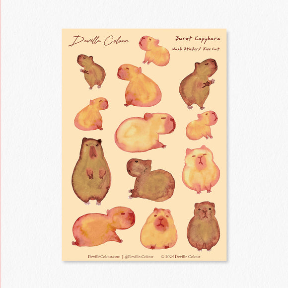 A6 Washi Sticker Sheet - Burnt Capybara | A6和紙貼紙 - 烤焦了的水豚