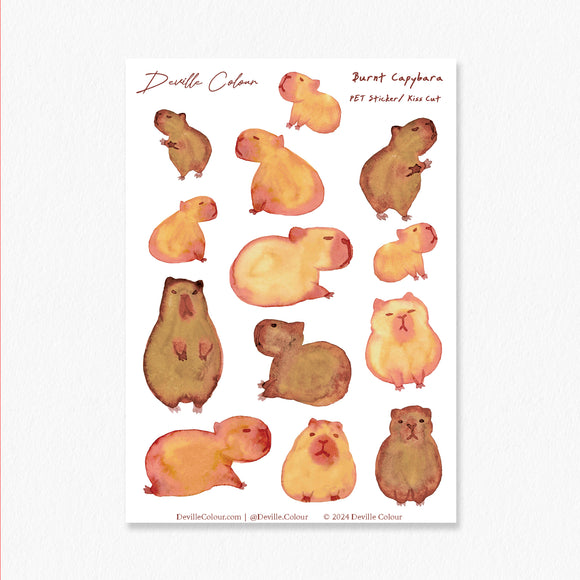 A6 PET Sticker Sheet - Burnt Capybara | A6 防水PET白墨貼紙 - 烤焦了的水豚