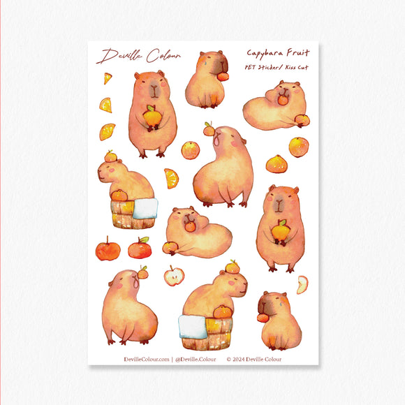 A6 PET Sticker Sheet - Capybara Fruit | A6 防水PET白墨貼紙 - Capybara Fruit