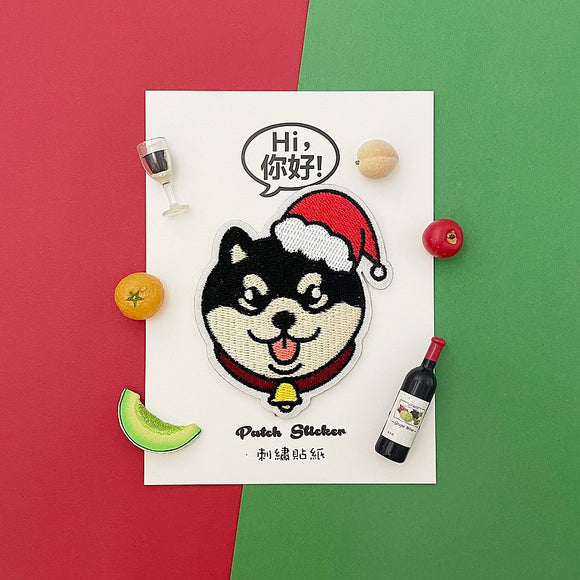 Embroidery Sticker - Christmas Black Shiba Inu 刺繡貼紙 - 聖誕黑柴